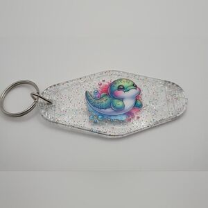 Handmade Clear Glitter Narwhal Motel Keychain Retro Hotel Key Tag Blue Green